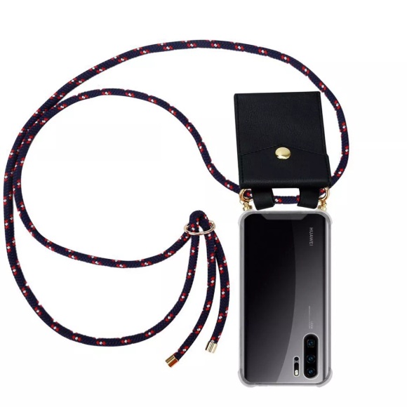 Cadorabo Handy Kette für Huawei P30 PRO in BLAU ROT WEISS GEPUNKTET - Silikon Necklace Umhänge Hülle mit Gold Ringen, Kordel Band Schnur und abnehm...