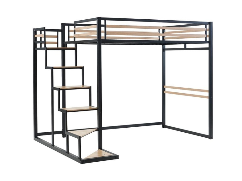 Hochbett - 140 x 200 cm - Metall & MDF - Naturfarben & Schwarz - JOGUI Hochbett - 140 x 200 cm - Metall & MDF - Naturfarben & Schwarz - JOGUI