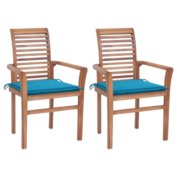 vidaXL Essstühle 2 Stk. mit Blauen Kissen Massivholz Teak
