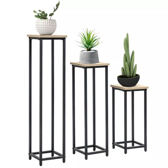 Northio - Pflanzenständer Set 3-Teiliges Blumenhocker & Blumentopfhalter Aus Stahl, Schwarz+Natur, One Size