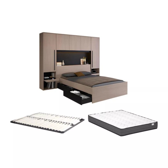 Bett mit Stauraum + Lattenrost + Matratze - 160 x 200 cm - Mit LED-Beleuchtung - Holzfarben & Schwarz - VELONA Bett mit Stauraum + Lattenrost + Matratze - 160 x 200 cm - Mit LED-Beleuchtung - Holzfarben & Schwarz - VELONA