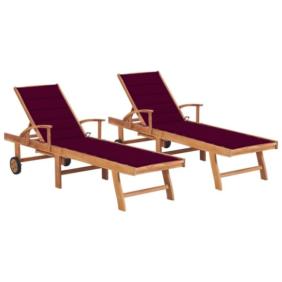 vidaXL Sonnenliegen 2 Stk. mit Weinroten Auflagen Massivholz Teak