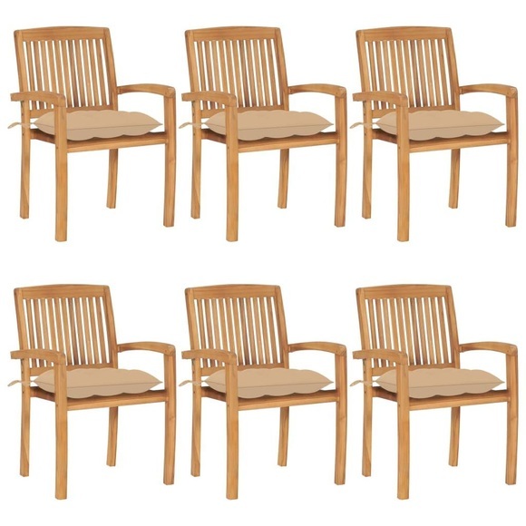 vidaXL Stapelbare Gartenstühle mit Kissen 6 Stk. Massivholz Teak
