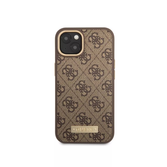 Guess - iPhone 14 MagSafe Leder Hardcase Hülle 4G Logo Plate (GUHMP14SU4GPRW) - Braun / Gold