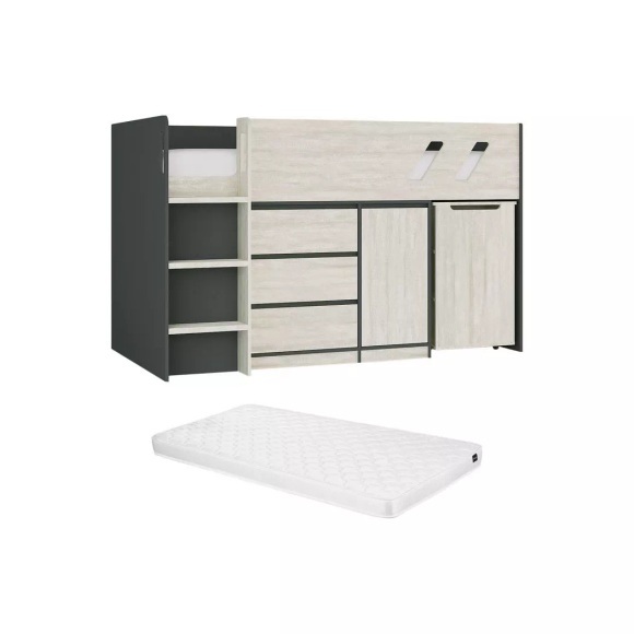 Kombi-bett 90 X 190 Cm - Mit Schreibtisch & Stauraum - Anthrazit & Hellgraue Holzoptik + Matratze - Sagiti Unisex Grau 90X190CM