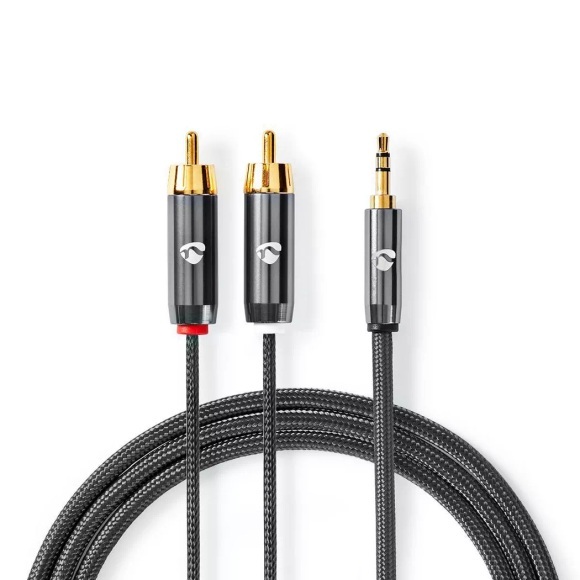 Stereo-Audiokabel | 3,5 mm Stecker | 2x RCA Stecker | Vergoldet | 2,00 m | Rund | Grau / Grau mit Metall | Karton mit Sichtfenster