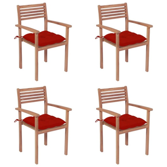 vidaXL Gartenstühle 4 Stk. mit Roten Kissen Massivholz Teak
