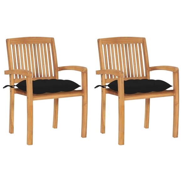 vidaXL Gartenstühle 2 Stk. mit Schwarzen Kissen Massivholz Teak