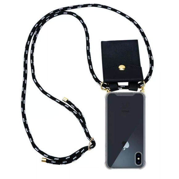 Cadorabo Handy Kette für Apple iPhone XS MAX in SCHWARZ SILBER – Silikon Necklace Umhänge Hülle mit Gold Ringen, Kordel Band Schnur und abnehmbarem...