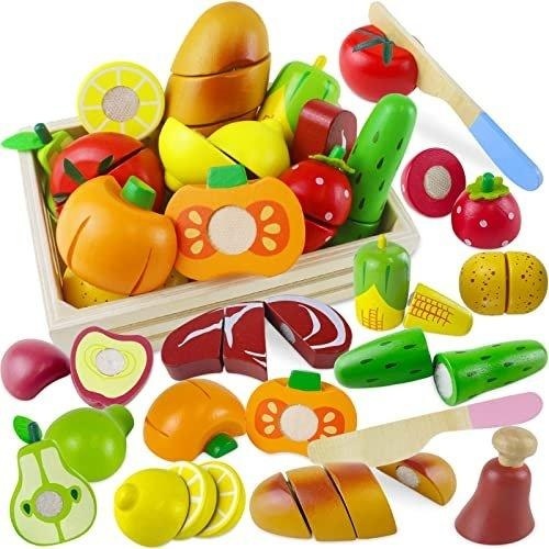 Kinderküche Spielküche Zubehör Holzspielzeug Küchenspielzeug Schneiden Obst Gemüse Lebensmittel Holz mit Klettverschluss Verbindung für Kinder I Lernspielzeug Rollenspiel Multicolor