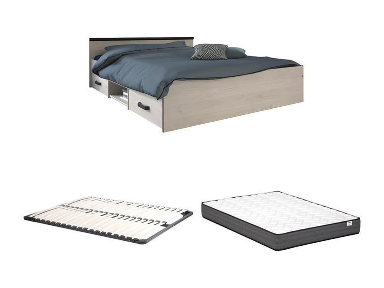 Bett mit Stauraum 140 x 190 cm - 2 Schubladen und 1 Ablagefach - Farben: Holzfarben + Lattenrost + Matratze - PABLO Bett mit Stauraum 140 x 190 cm - 2 Schubladen und 1 Ablagefach - Farben: Holzfarben + Lattenrost + Matratze - PABLO