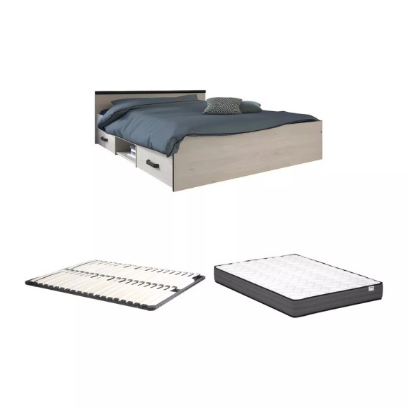 Bett mit Stauraum 140 x 190 cm - 2 Schubladen und 1 Ablagefach - Farben: Holzfarben + Lattenrost + Matratze - PABLO Bett mit Stauraum 140 x 190 cm - 2 Schubladen und 1 Ablagefach - Farben: Holzfarben + Lattenrost + Matratze - PABLO
