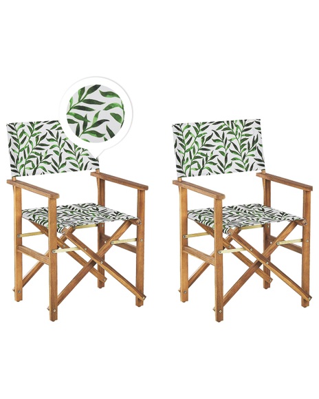 Beliani Gartenstuhl Akazienholz hellbraun Textil grau / grün Blattmuster 2er Set CINE