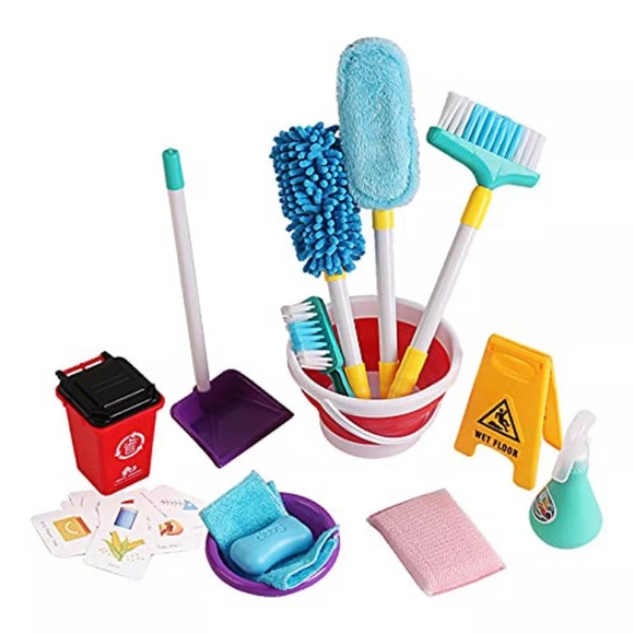 Activity-board - Haushaltsreinigungsspielzeug mit einem Besen, EINEM Mülleimer, Warnschild und vielen weiteren, One Size, Multicolor
