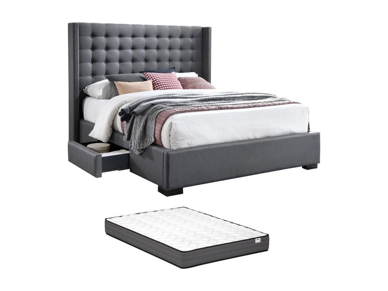 Bett mit gestepptes Kopfteil mit Schubladen - Stoff - 160 x 200 cm - Grau + Matratze - LEONCE Bett mit gestepptes Kopfteil mit Schubladen - Stoff - 160 x 200 cm - Grau + Matratze - LEONCE