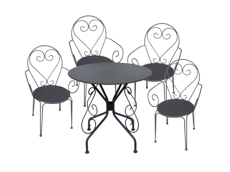 Garten Essgruppe: Tisch + 4 stapelbare Sessel - Metall in Eisenoptik - Anthrazit - GUERMANTES Garten Essgruppe: Tisch + 4 stapelbare Sessel - Metall in Eisenoptik - Anthrazit - GUERMANTES
