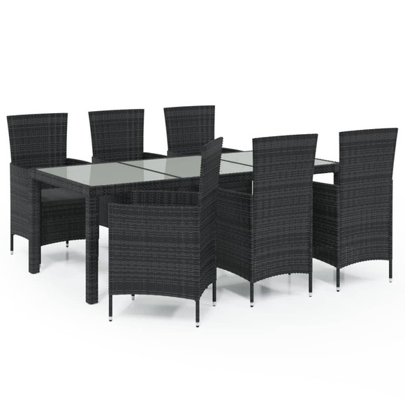 vidaXL 7-tlg. Garten-Essgruppe mit Auflagen Poly Rattan Schwarz