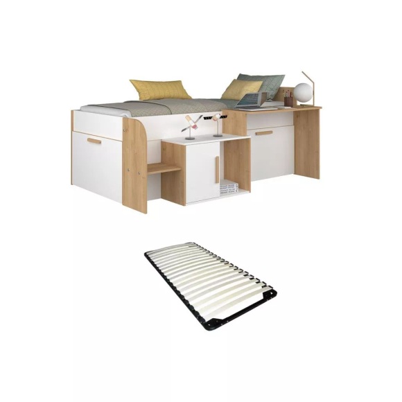 Kombi-Bett 90 x 200 cm - Mit Schreibtisch & Stauraum - Weiß & Holzfarben + Lattenrost - PEDRO Kombi-Bett 90 x 200 cm - Mit Schreibtisch & Stauraum - Weiß & Holzfarben + Lattenrost - PEDRO