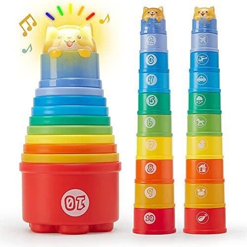 10 Stück stapeln Tassen Baby-Spielzeug, Regenbogen Stapeln Turm Baby-Spielzeug mit Lichtern klingt Multicolor