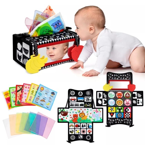 Activity-board - 3 in 1 Tissue Box Spielzeug, sensorisches Spielzeug mit Spiegel, Babyspielzeug, kontrastreiches Knitterspielzeug, Seidentücher & Beißring für Baby, One Size, Multicolor