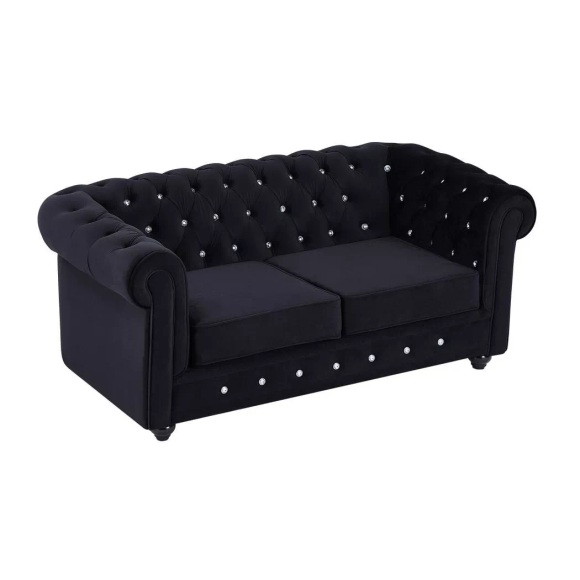 Sofa 2-Sitzer - Samt - Schwarz mit Knöpfen in Kristall-Optik - CHESTERFIELD Sofa 2-Sitzer - Samt - Schwarz mit Knöpfen in Kristall-Optik - CHESTERFIELD