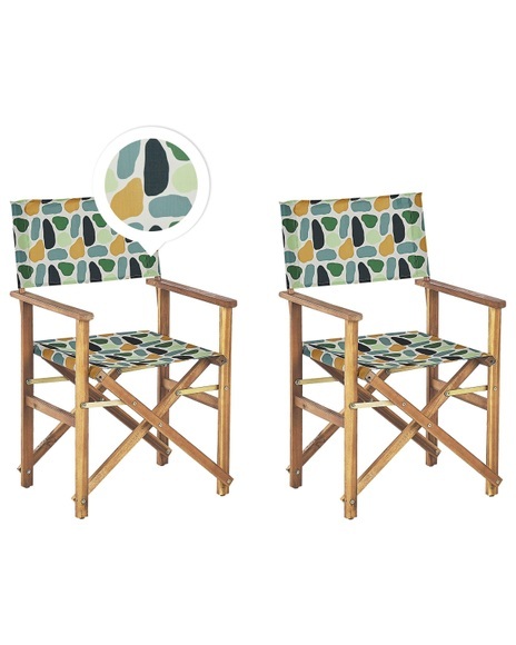 Beliani Gartenstuhl Akazienholz hellbraun Textil cremeweiss / mehrfarbig Fleckenmuster 2er Set CINE