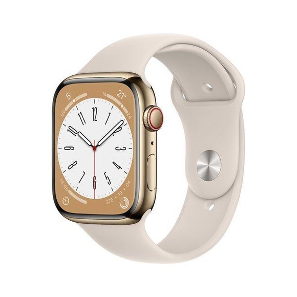 APPLE Watch Series 8 (GPS + Cellular) 45 mm - Smartwatch (Regular 140 - 220 mm, Fluorelastomer, Gold Stainless Steel/Starlight)