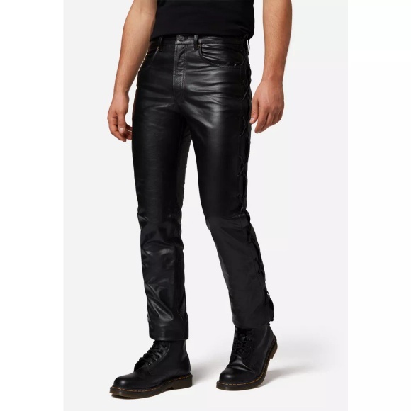 RICANO - Lederhose S/L Jeans Büffel Nappa, Im Biker-Stil und Five-Pocket-Style mit Schnürungen, für Herren, Schwarz, Größe W31