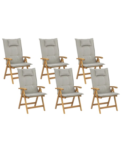 Beliani Gartenstuhl Akazienholz hellbraun 6er Set Auflagen grau-beige JAVA