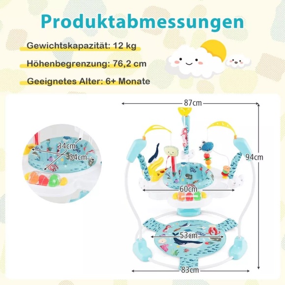 B2X - Baby Sky Jumperoo mit Verstellbaren Höhen & Spielzeuge & Spieluhr Lauflernhilfe Hellblau