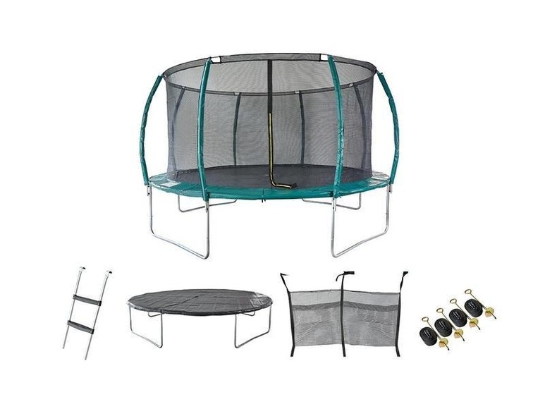 Gartentrampolin mit Sicherheitsnetz + Leiter + Abdeckplane + Verankerungsset 4WALLABY Grün