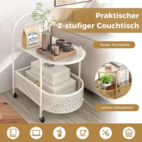 B2X - Beistelltisch Glas mit Rollen 2-stufiger Glastisch mit Bärenmuster, One Size, Weiss