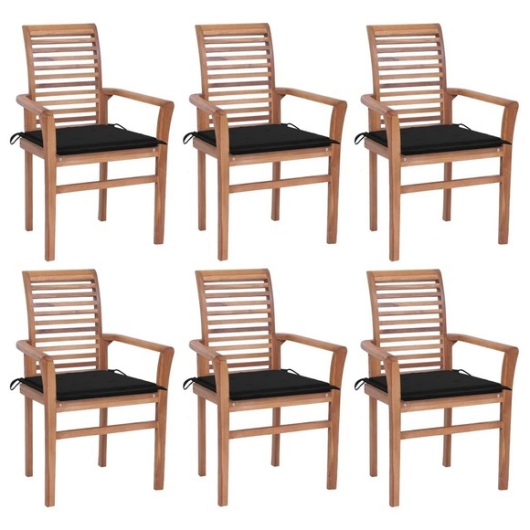 vidaXL Essstühle 6 Stk. mit Schwarzen Kissen Massivholz Teak