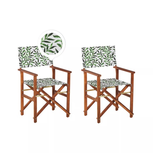 Beliani Gartenstuhl Akazienholz dunkelbraun Textil grau / grün Blattmuster 2er Set CINE