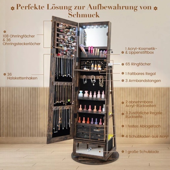 B2X - Schmuckschrank 360° drehbar Spiegelschrank mit Ganzkörperspiegel 140 x 37 cm Rustikales Braun, 140 x 40 cm