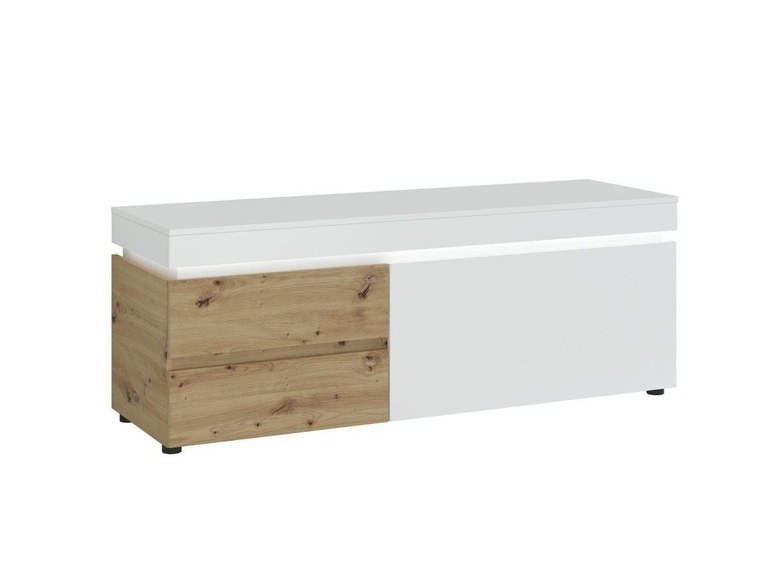 TV-Möbel mit 1 Tür & 2 Schubladen + LED-Beleuchtung - Holzfarben & Weiß lackiert - DOLONA TV-Möbel mit 1 Tür & 2 Schubladen + LED-Beleuchtung - Holzfarben & Weiß lackiert - DOLONA