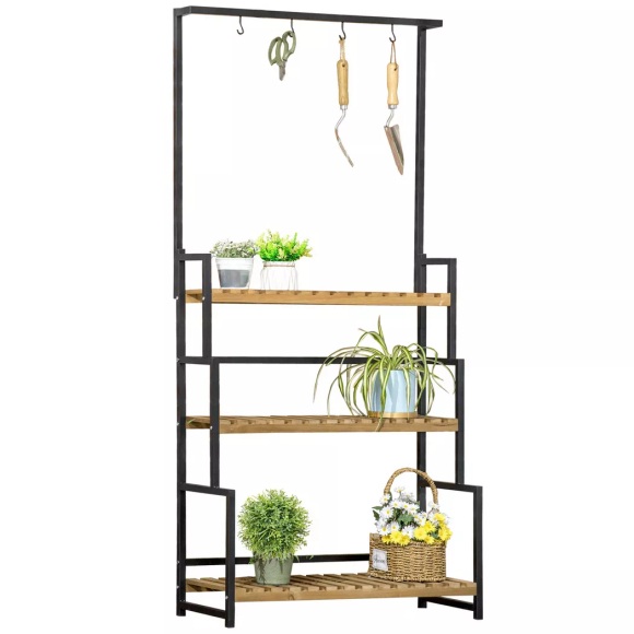 Northio - Pflanzenregal Mit 3 Ebenen, Blumentreppe Mit Befestigungshaken, Pflanzenständer Für Den Garten, Aus Naturholz, 80 Cm X 36 Cm X 174 Cm, One Size