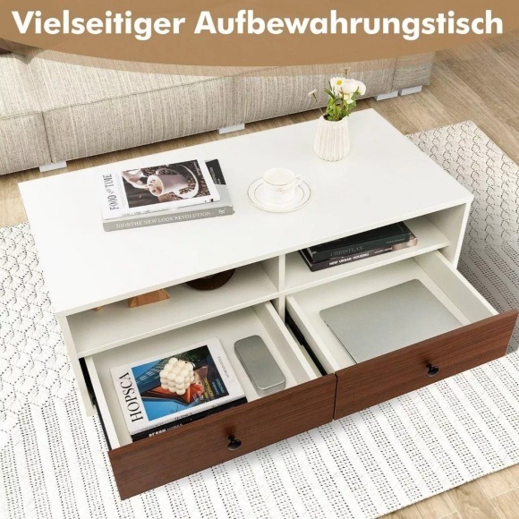 Northio - Couchtisch mit 2 Schubladen & 2 Ablagen Wohnzimmertisch rechteckig mit Stauraum, 45cm
