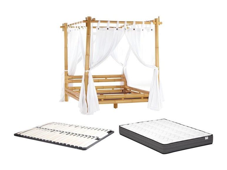 Himmelbett mit Vorhang - 160 x 200 cm - Bambus - Holzfarben + Lattenrost + Matratze - MALINDI Himmelbett mit Vorhang - 160 x 200 cm - Bambus - Holzfarben + Lattenrost + Matratze - MALINDI