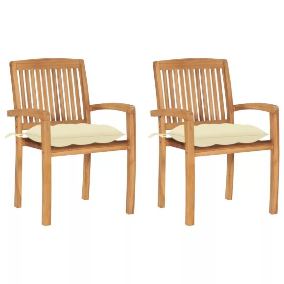 vidaXL Gartenstühle 2 Stk. mit Cremeweißen Kissen Massivholz Teak
