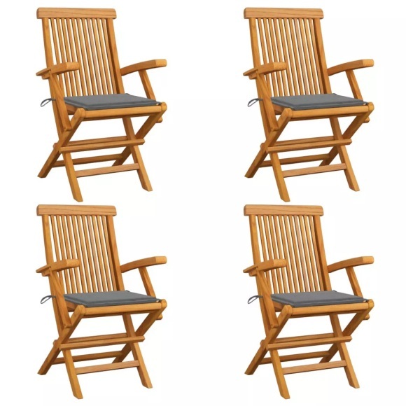 vidaXL Gartenstühle mit Grauen Kissen 4 Stk. Teak Massivholz