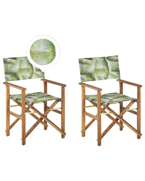 Beliani Gartenstuhl Akazienholz hellbraun Textil cremeweiss / hellgrün Palmenmotiv 2er Set CINE
