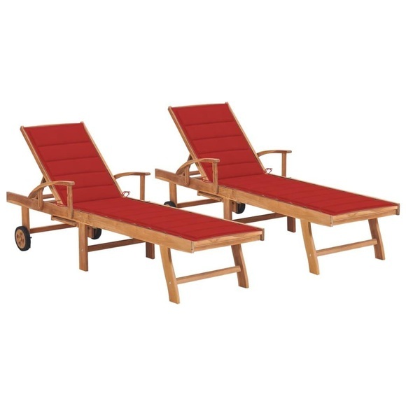 vidaXL Sonnenliegen 2 Stk. mit Roten Auflagen Massivholz Teak