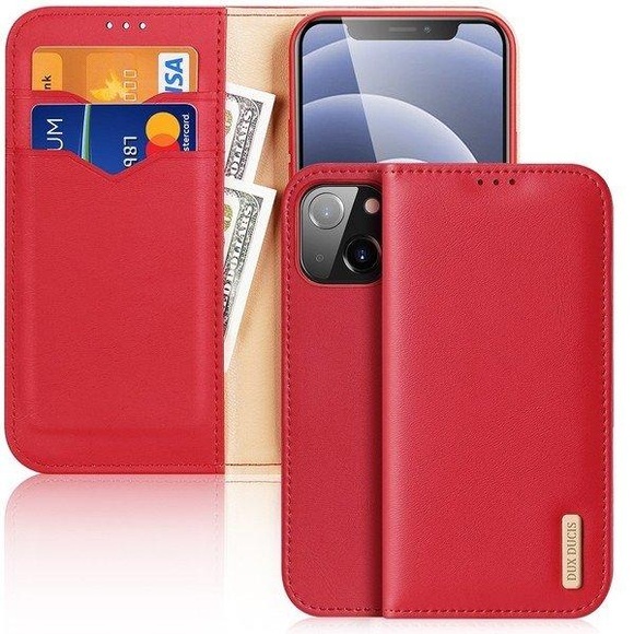 Dux Ducis - iPhone 13 Mini Flip Wallet Cover Echtleder Tasche (RFID Schutz) - Rot