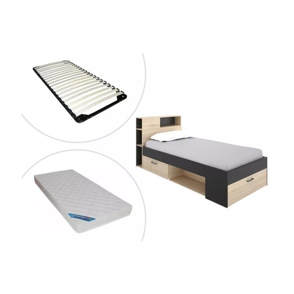 Bett mit Stauraum Schublade + Matratze + LattenrostEichefarben LEANDRE Bett mit Stauraum Schublade + Matratze + LattenrostEichefarben LEANDRE