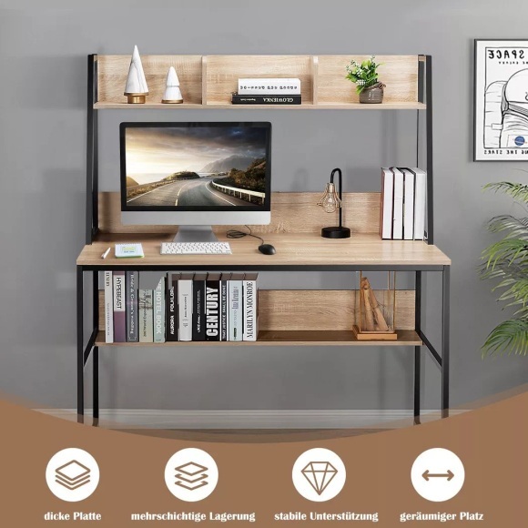 Northix - Computertisch mit Ablage & Bücherregal & Verstellbaren Fußpads Schreibtisch Arbeitstisch Natur, 120 x 55 cm