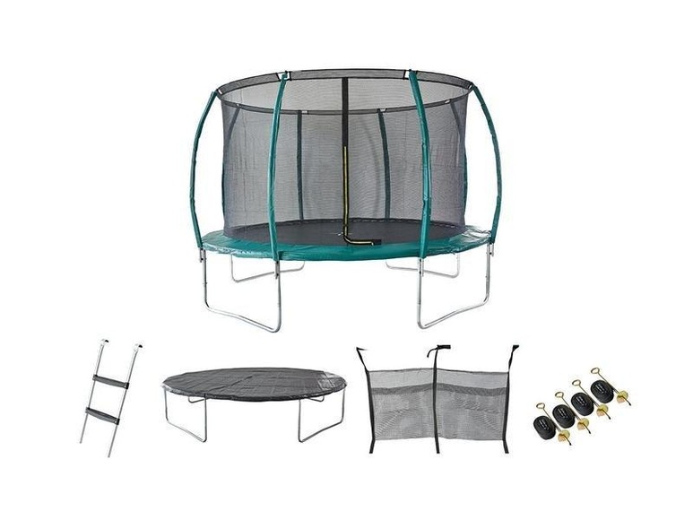 Gartentrampolin mit Sicherheitsnetz + Leiter + Abdeckplane + Verankerungsset 6WALLABY Grün