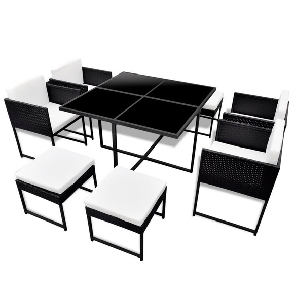 vidaXL 9-tlg. Garten-Essgruppe mit Kissen Poly Rattan Schwarz