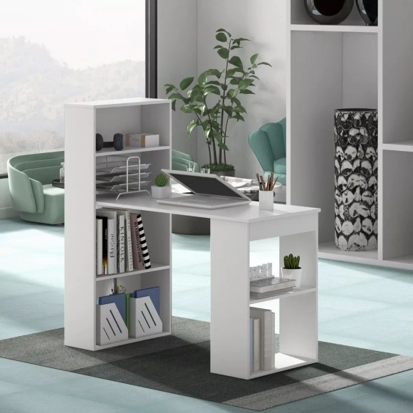 Northix - Schreibtisch mit Bücherregal Computertisch mit 6 Regalen PC-Tisch mit Regal Bürotisch Weiß, One Size