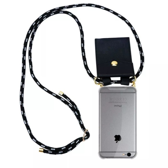 Cadorabo Handy Kette für Apple iPhone 6 PLUS / iPhone 6S PLUS in SCHWARZ SILBER – Silikon Necklace Umhänge Hülle mit Gold Ringen, Kordel Band Schnu...